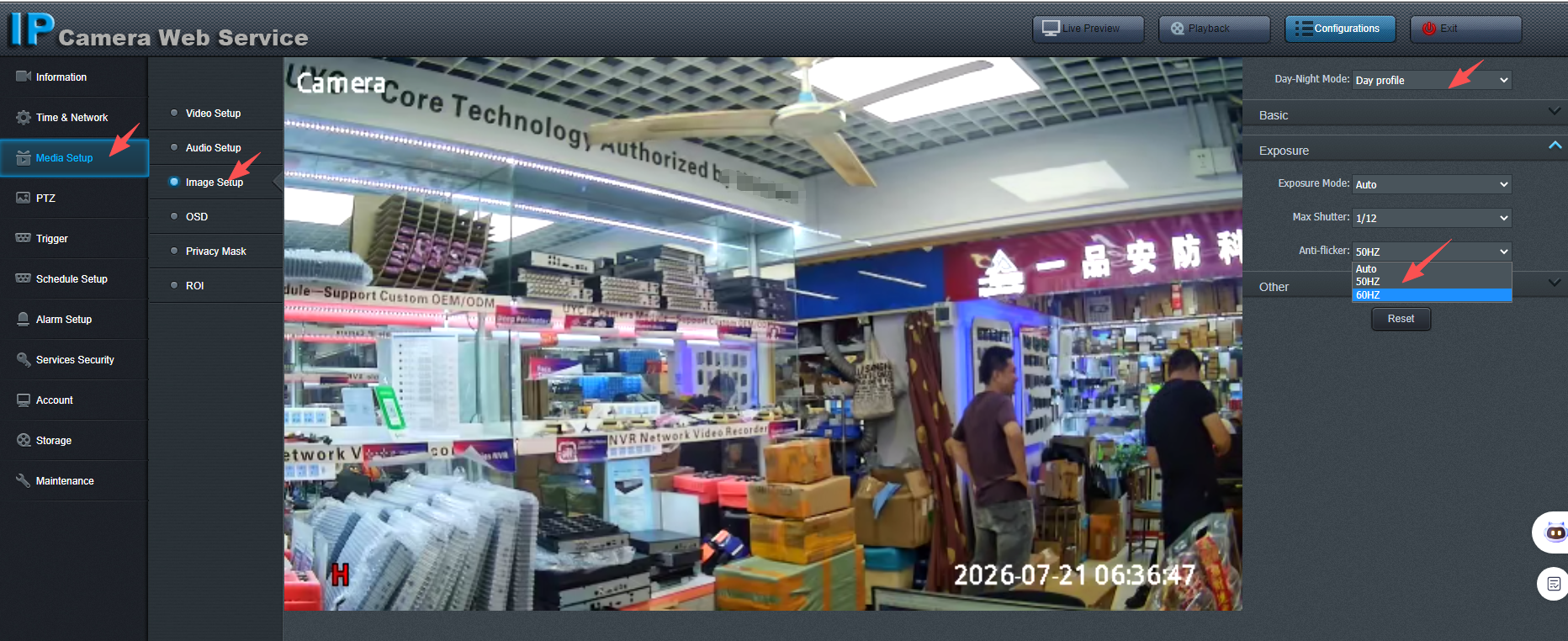 Remoteyes camera Anti-flicker setting under Media Setup > Image Setup > Exposure