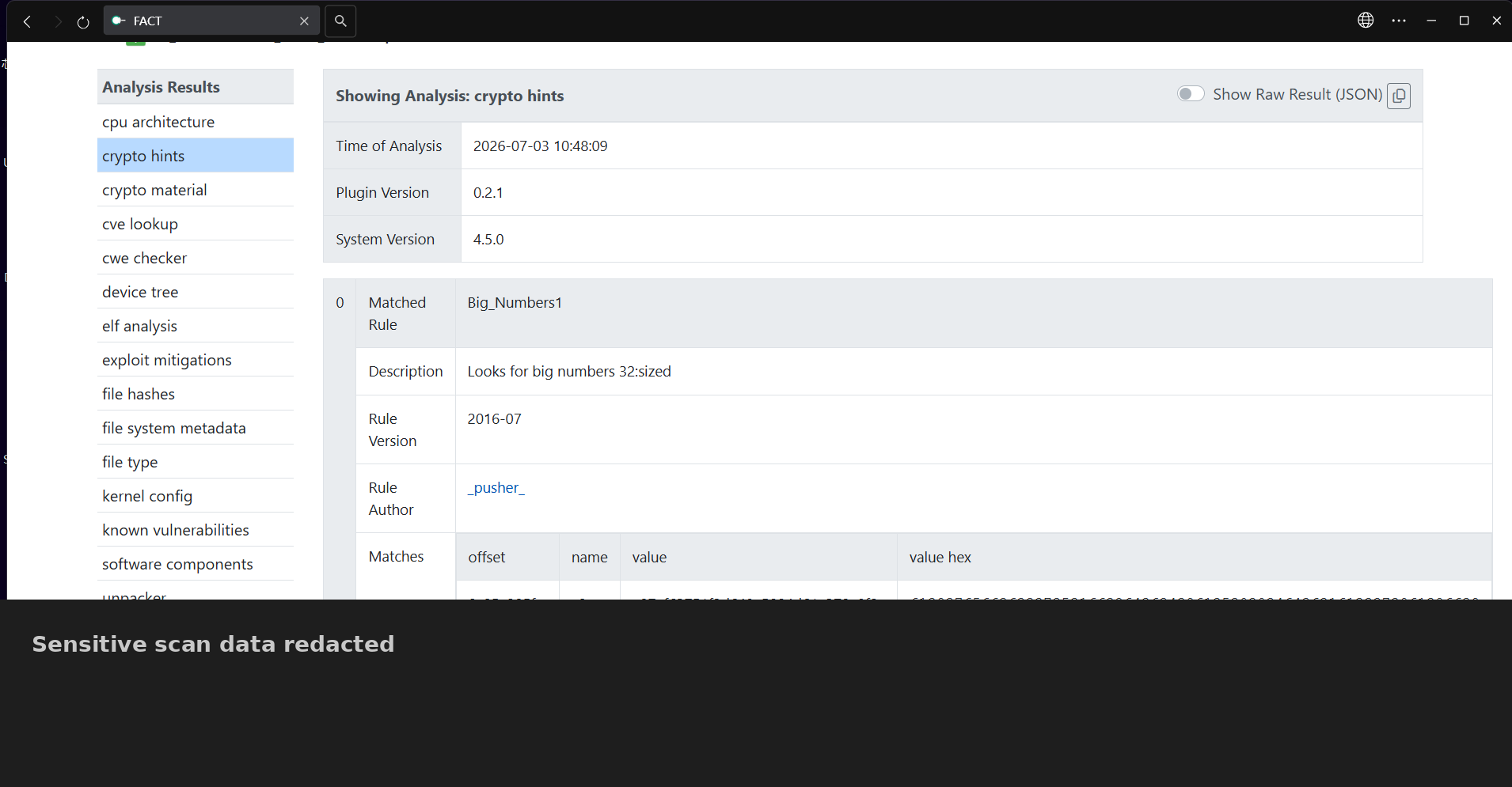 FACT cryptographic material detection results (sensitive scan data redacted)