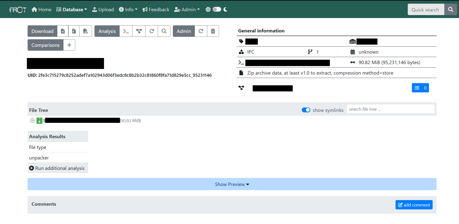FACT General information and File Tree view (identifiers redacted)