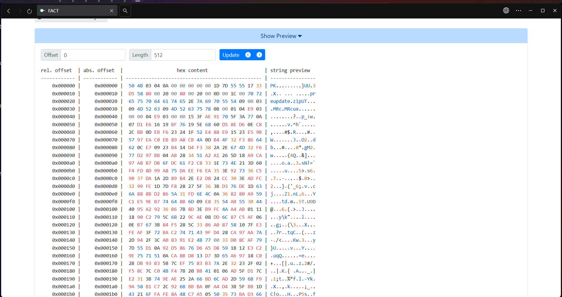 FACT hex content and string preview view