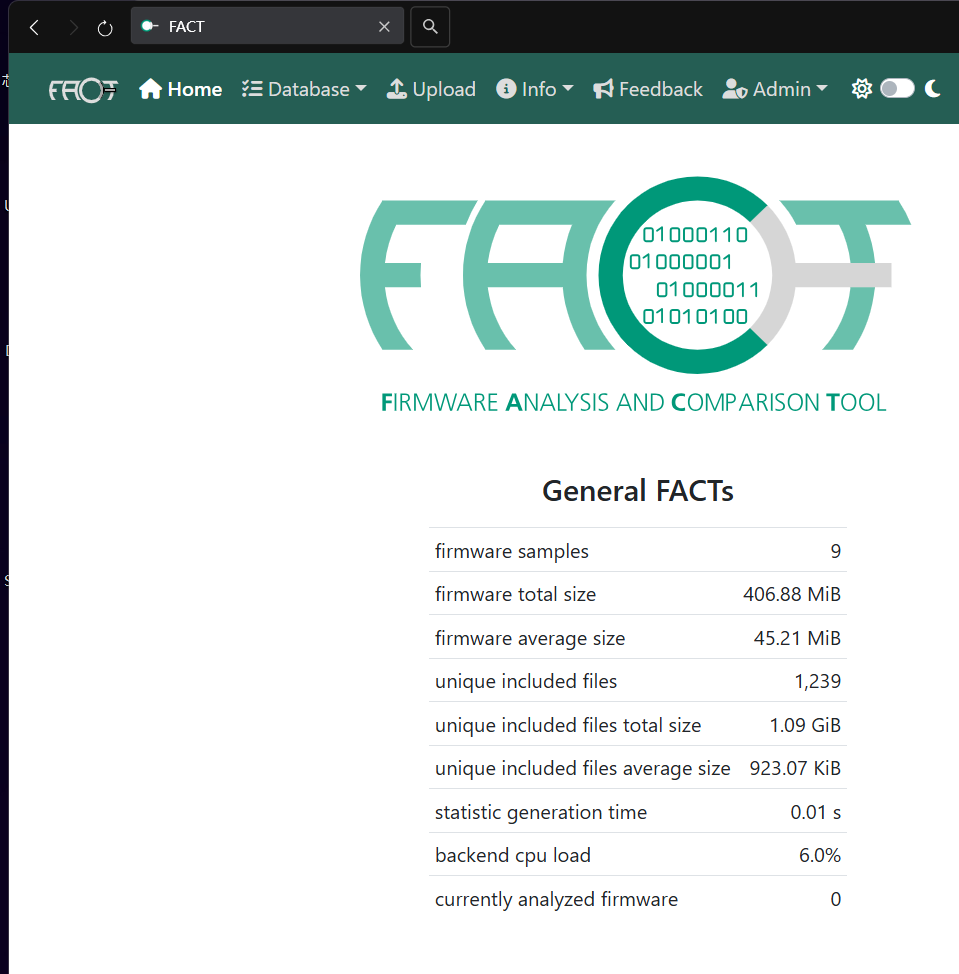 FACT firmware analysis tool homepage General FACTs statistics
