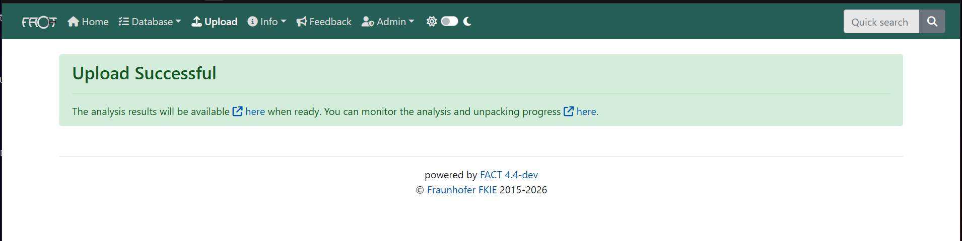 FACT Upload Successful confirmation message