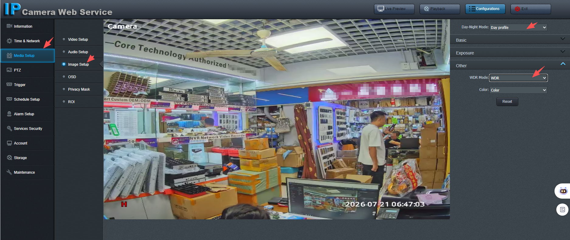 Remoteyes camera WDR Mode setting under Media Setup > Image Setup > Other